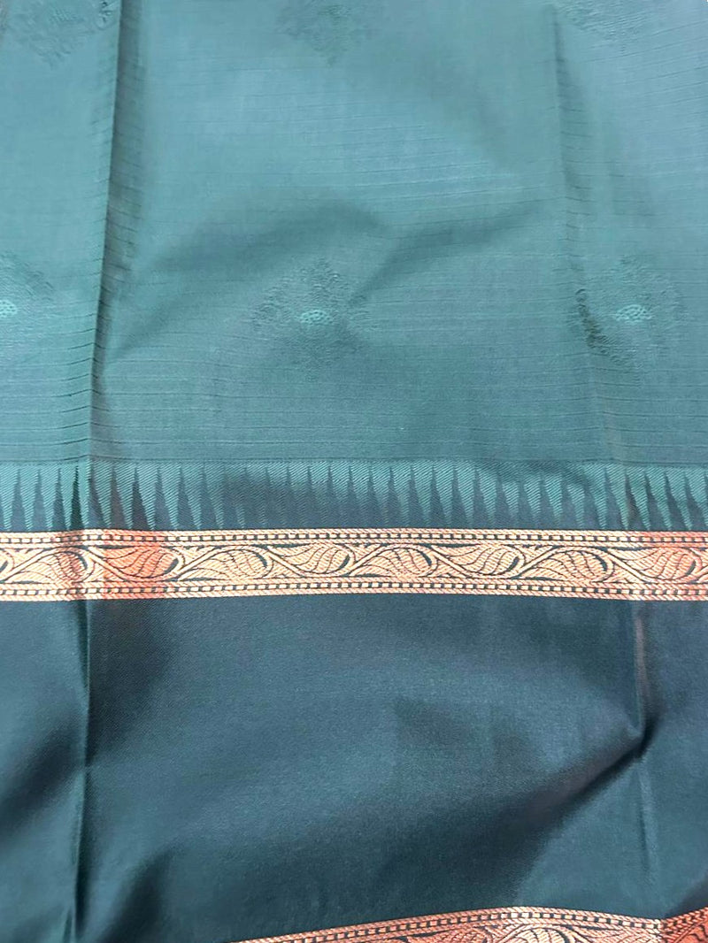 Peach-Pink Silk Saree with Black-Gold Zari Checked Body & Temple Border|Kanchipuram Handloom Silk|Krisa Collections