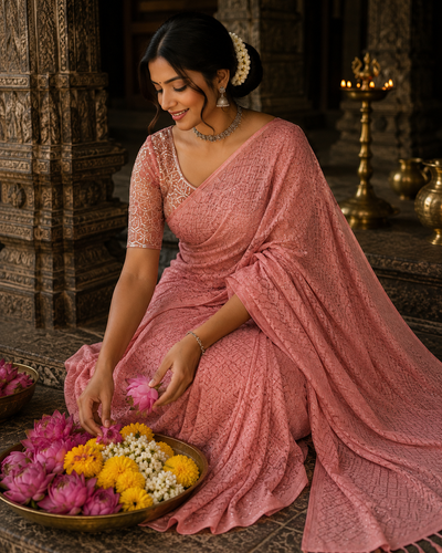 Peach Diamond Zari Georgette Saree with Peach Sequin Embroidered Blouse — Party & Festive Wear | Krisa Collection