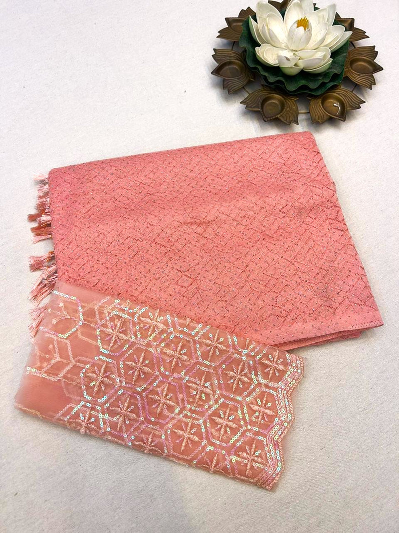 Peach Diamond Zari Georgette Saree with Peach Sequin Embroidered Blouse — Party & Festive Wear | Krisa Collection