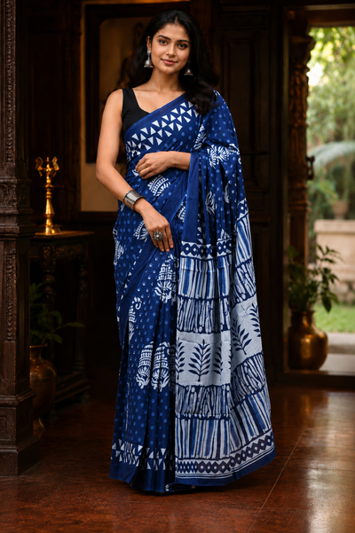 Bagru Print Mulmul Cotton Saree – Indigo Blue and White Floral & Geometric Print | Skin-Friendly Cotton Saree | KRISA Collections