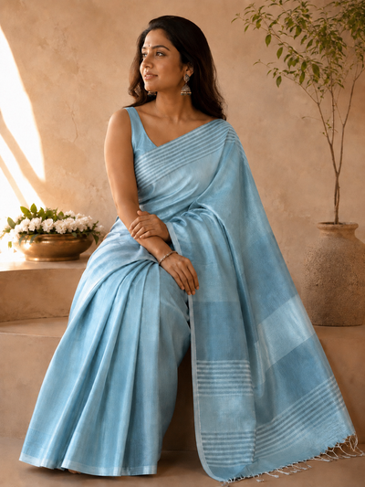 Sky Blue Khadi Cotton Saree with Striped Border | Handloom Pastel Blue Saree with Shimmer Zari Edge | Office Wear Cotton Saree