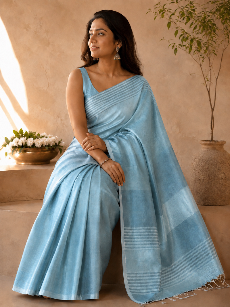 Sky Blue Khadi Cotton Saree with Striped Border | Handloom Pastel Blue Saree with Shimmer Zari Edge | Office Wear Cotton Saree