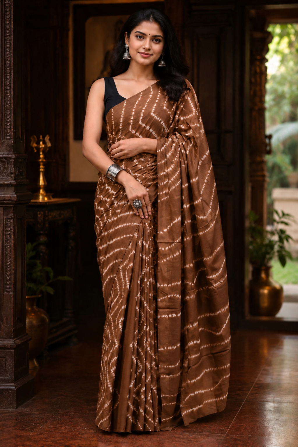 Shibori Tie-Dye Mulmul Cotton Saree – Rustic Brown with White Wave Print | Skin-Friendly Cotton Saree | KRISA Collections
