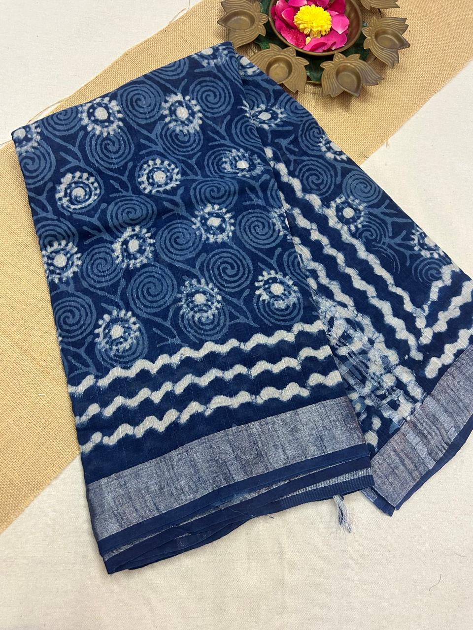 Bagru Handblock print Linen Saree with attached Blouse 777B03