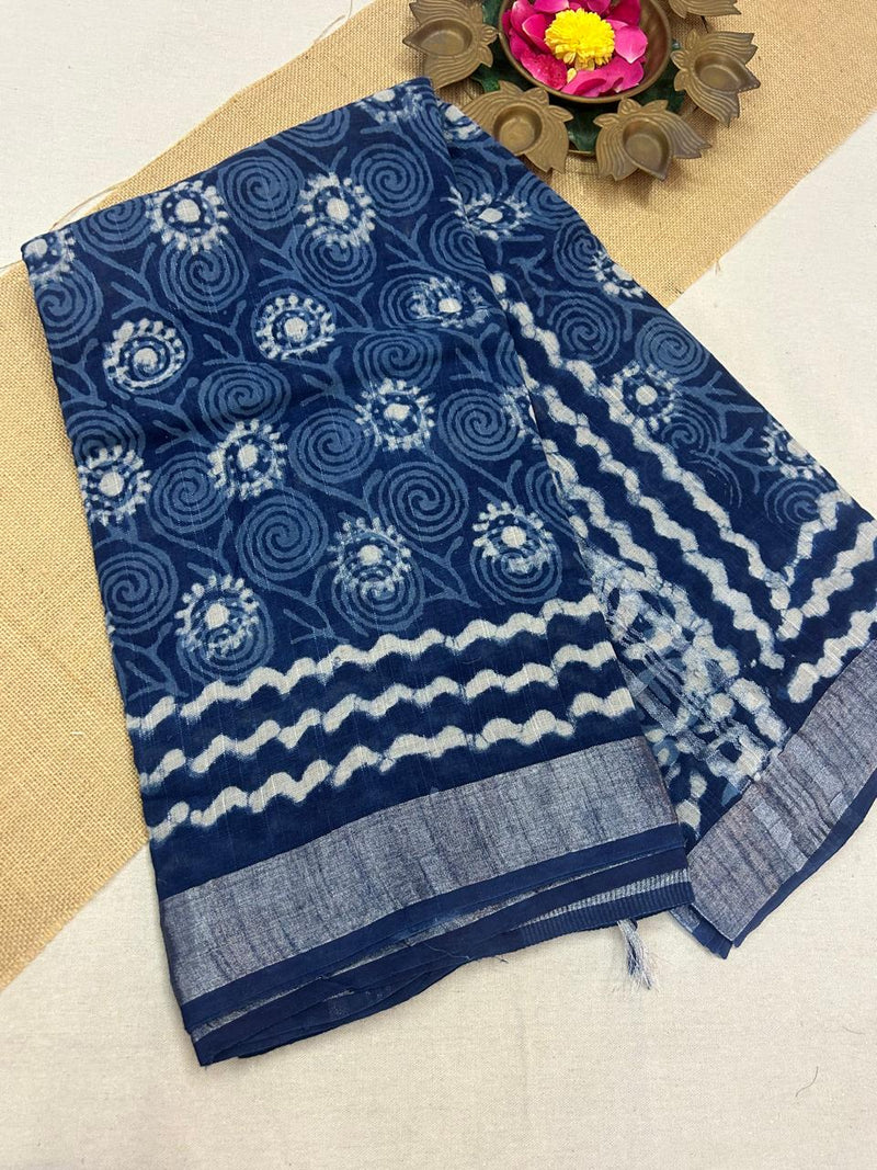 Bagru Handblock print Linen Saree with attached Blouse 777B03