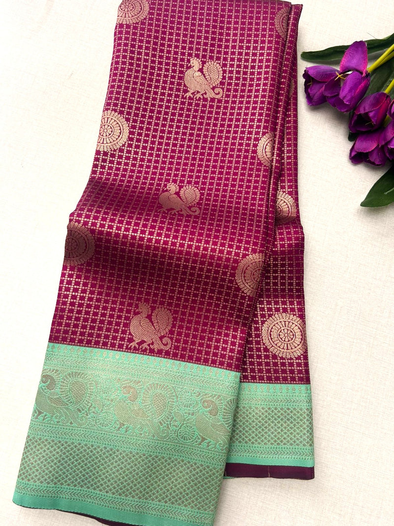 Rich wine-purple Kanchipuram silk saree features intricate gold zari checks|Krisa  |limited time offer