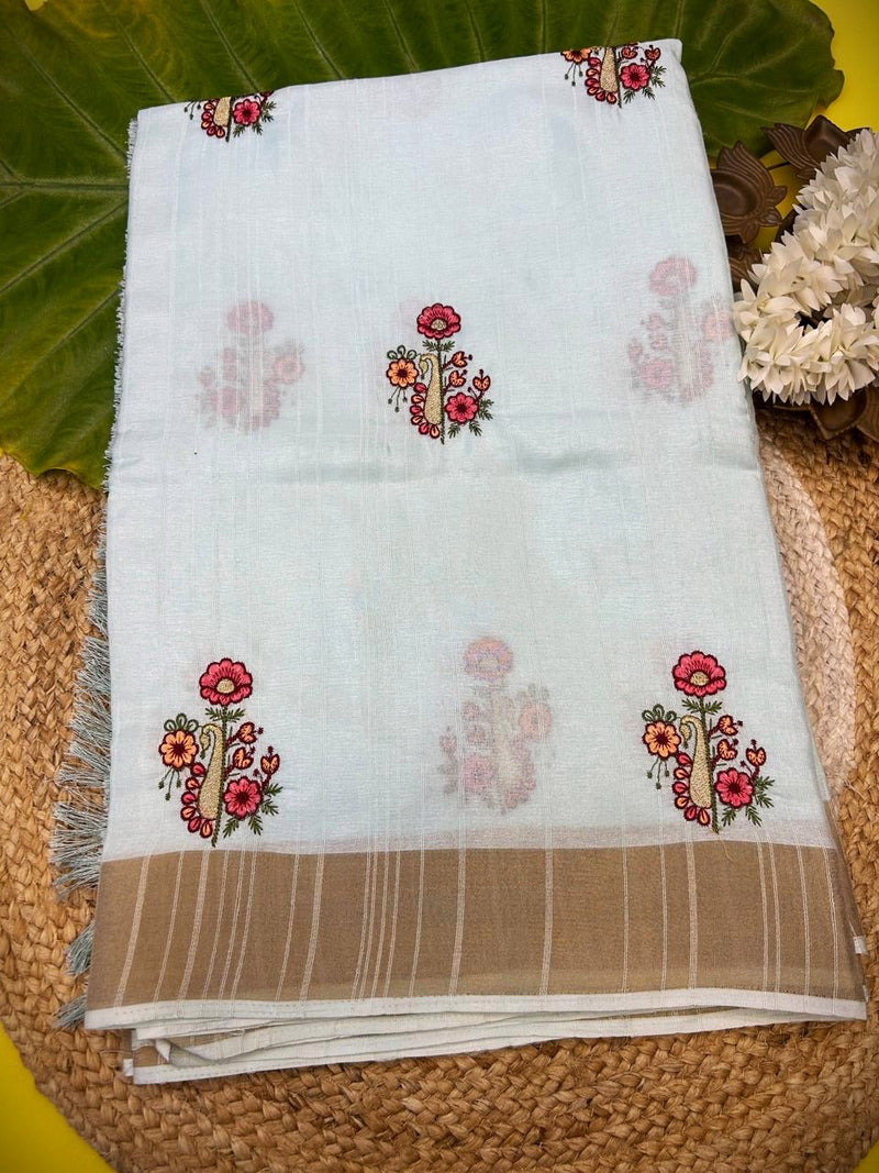 Premium Raw silk saree -light pastel green shade with zari lines all over the body