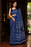 Bagru Print Mulmul Cotton Saree – Indigo Blue with White Paisley and Wave Border Print| Skin-Friendly Cotton Saree | KRISA Collections