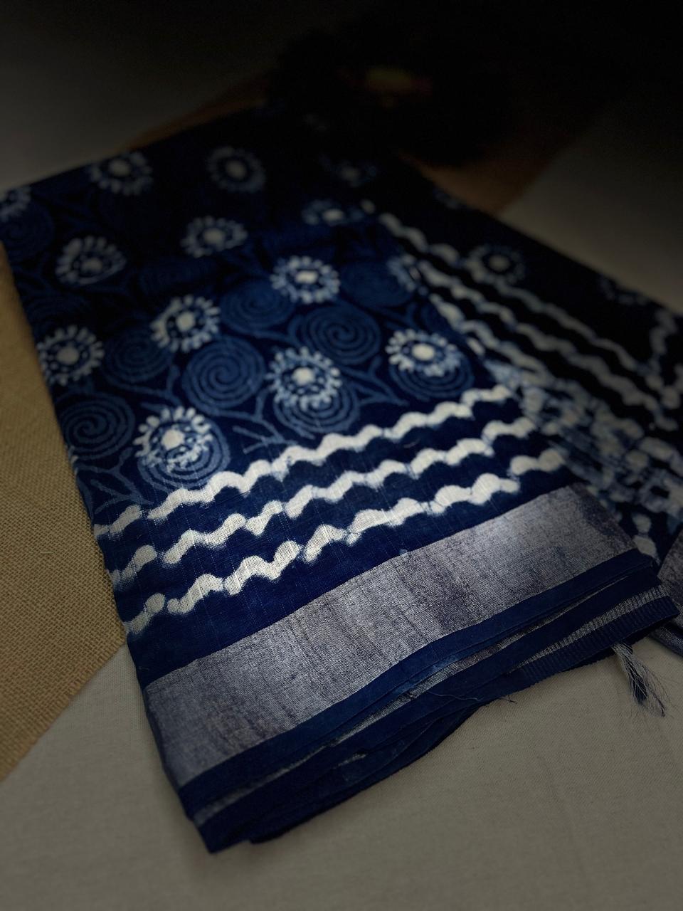 Bagru Handblock print Linen Saree with attached Blouse 777B03
