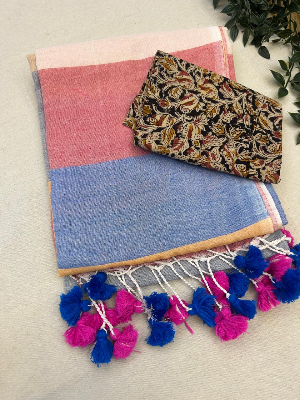 Multi-color Khadi Cotton Saree With Blouse | Extra Kalamkari Blouse|Lightweight Handloom Cotton Saree | KRISA
