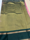 Peach-Pink Silk Saree with Black-Gold Zari Checked Body & Temple Border|Kanchipuram Handloom Silk|Krisa Collections