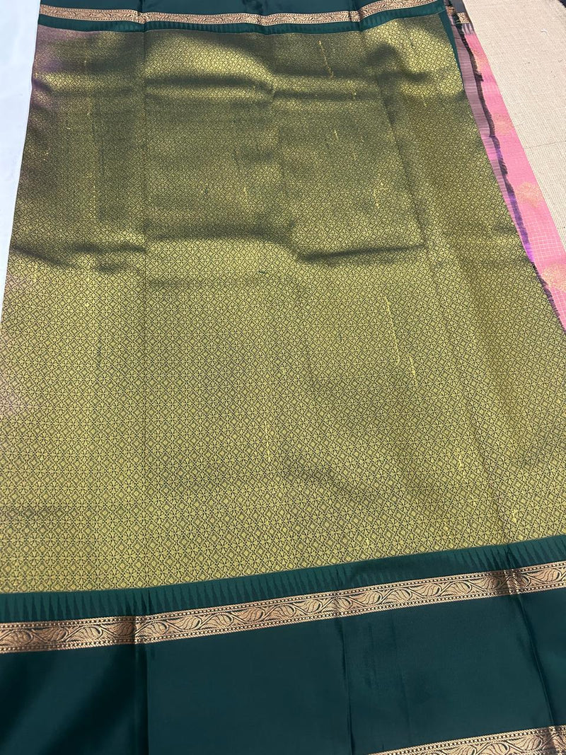 Peach-Pink Silk Saree with Black-Gold Zari Checked Body & Temple Border|Kanchipuram Handloom Silk|Krisa Collections