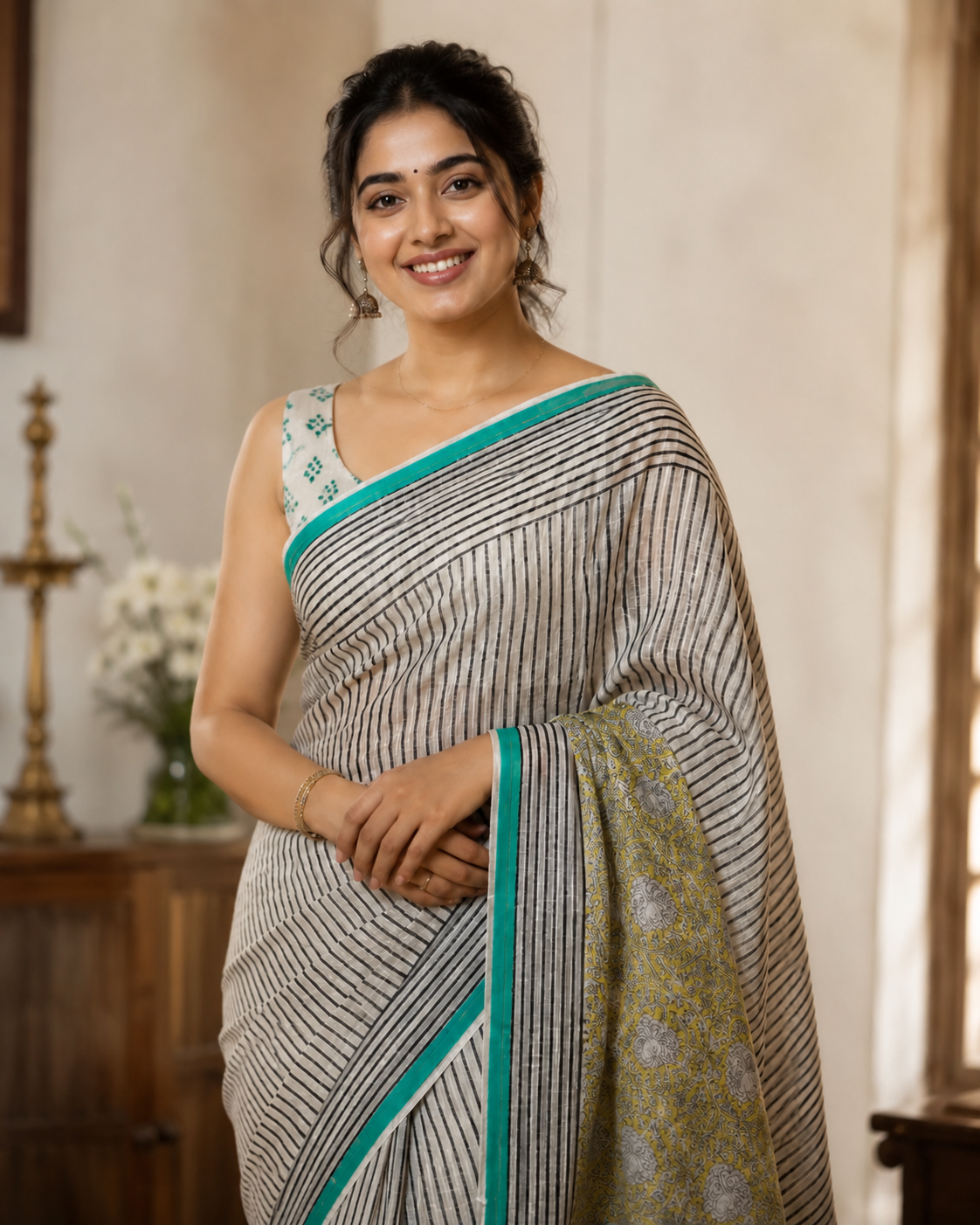 Beige Striped Linen Saree with Turquoise Green Border |  Saree with Mustard Yellow Printed Pallu | Everyday Elegant Cotton Saree