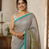 Beige Striped Linen Saree with Turquoise Green Border |  Saree with Mustard Yellow Printed Pallu | Everyday Elegant Cotton Saree