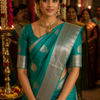 Premium Teal Blue Silk Cotton Saree with Silver Zari Border & Blouse | KRISA Collections