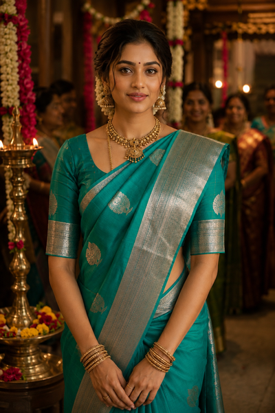 Premium Teal Blue Silk Cotton Saree with Silver Zari Border & Blouse | KRISA Collections