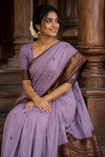 Premium Ash Grey Kanchi Cotton Saree with Black Antique Zari Border | KRISA COLLECTIONS