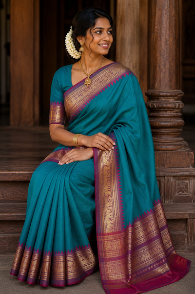Premium Kanchi Cotton Saree with Rich Zari Elephant Border | KRISA COLLECTIONS