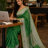 Green Handloom Cotton Silk Saree with Silver Zari Border | Elegant Traditional Saree for Office & Festive Wear | Krisa Collections