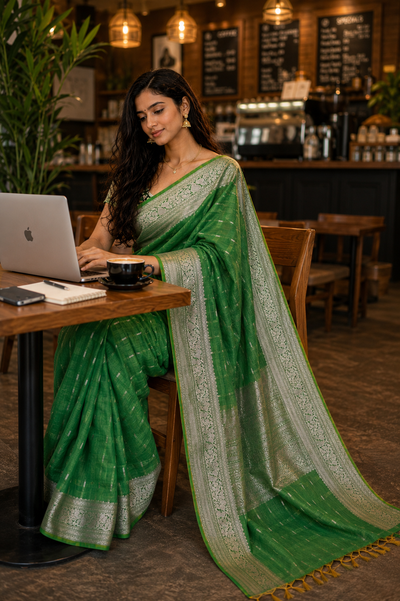 Green Handloom Cotton Silk Saree with Silver Zari Border | Elegant Traditional Saree for Office & Festive Wear | Krisa Collections