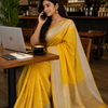 Premium Yellow Silk Cotton Saree with Silver Zari Border | Soft Saree for Women | KRISA Collections
