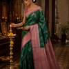 Premium Emerald Green Kanchipuram Silk Saree with Rose Pink Zari Border | Budget-Friendly Traditional Elegance | KRISA COLLECTIONS