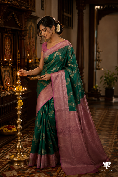 Premium Emerald Green Kanchipuram Silk Saree with Rose Pink Zari Border | Budget-Friendly Traditional Elegance | KRISA COLLECTIONS
