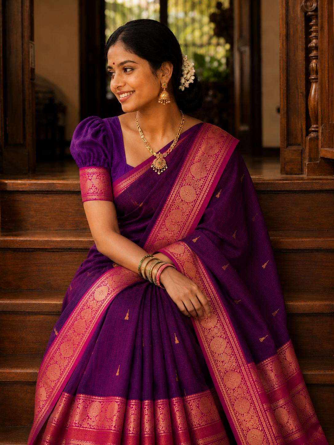 Premium Plum Purple Kanchi Cotton Saree with Rust Orange & Magenta Zari Border 120 count | KRISA COLLECTIONS
