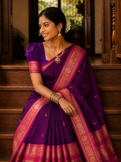 Premium Plum Purple Kanchi Cotton Saree with Rust Orange & Magenta Zari Border 120 count | KRISA COLLECTIONS