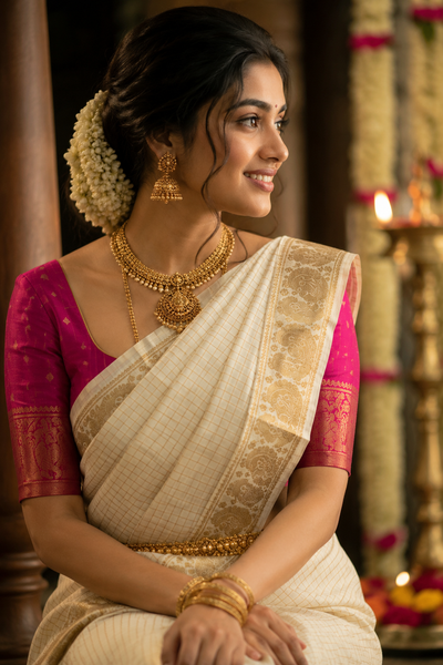 Cream Sungudi Cotton Saree with Gold Peacock Border | Kerala Kasavu Style Checked Saree with Contrast Blouse | Traditional Onam Saree