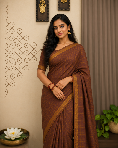 Premium Quality Golden check pure sungudi cotton saree-without blouse 002|KRISA