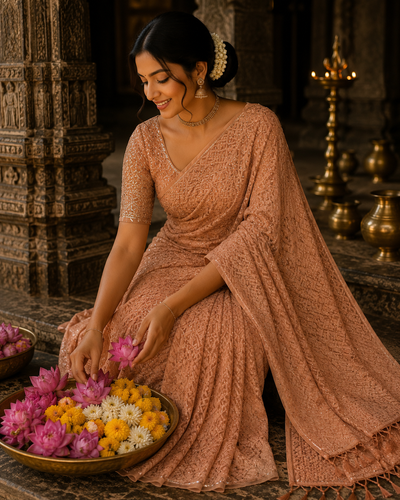 Beige Diamond Zari Georgette Saree with Peach Sequin Embroidered Blouse — Party & Festive Wear | Krisa Collection
