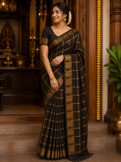 Pavithra Kattam Sungudi Cotton Saree with Gold Zari Checks & Peacock Border