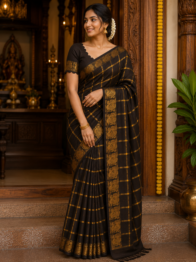 Pavithra Kattam Sungudi Cotton Saree with Gold Zari Checks & Peacock Border