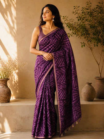 Purple Batik Print Linen Saree with Geometric Design | Handloom Linen Saree with Golden Zari Border | Abstract Tribal Print Saree