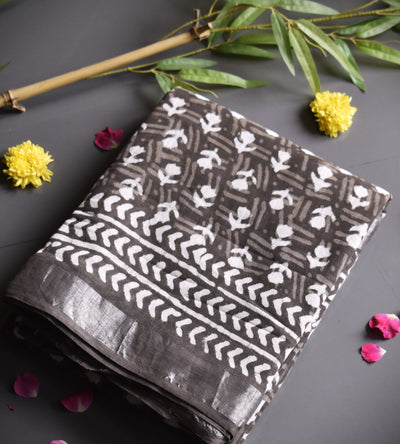 Bagru Handblock print Linen Saree with attached Blouse 777B02