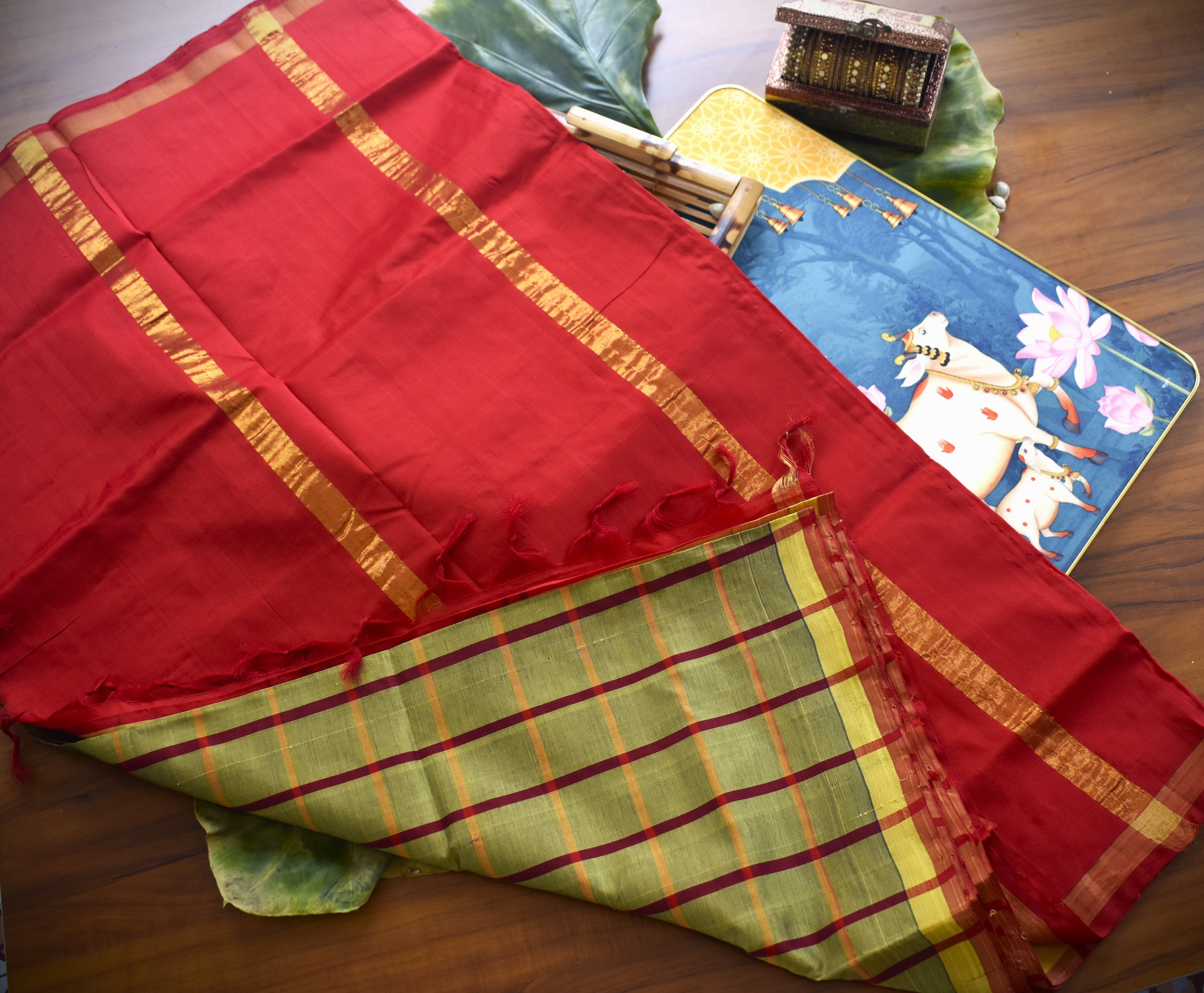 Pure silk cotton -checked pattern with contrast blouse 002