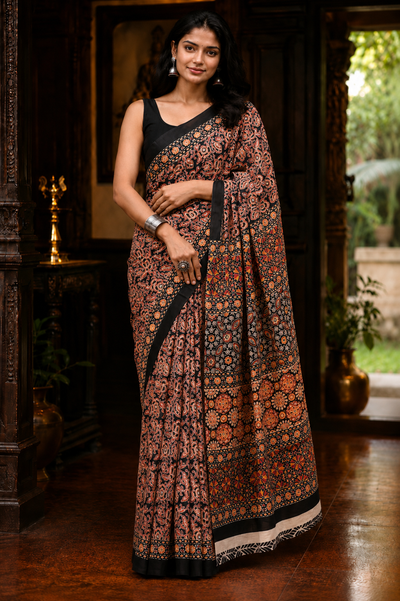 Shibori Tie-Dye Mulmul Cotton Saree – Rustic Brown with White Wave Print | Skin-Friendly Cotton Saree | KRISA Collections