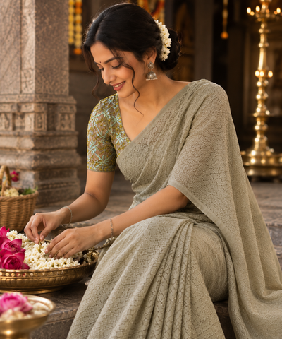 Green Diamond Zari Georgette Saree with Green Sequin Embroidered Blouse — Party & Festive Wear | Krisa Collections