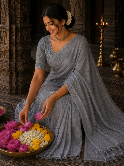 Grey Netted Georgette Saree with Grey Sequin Embroidered Blouse — Party & Festive Wear | Krisa Collections