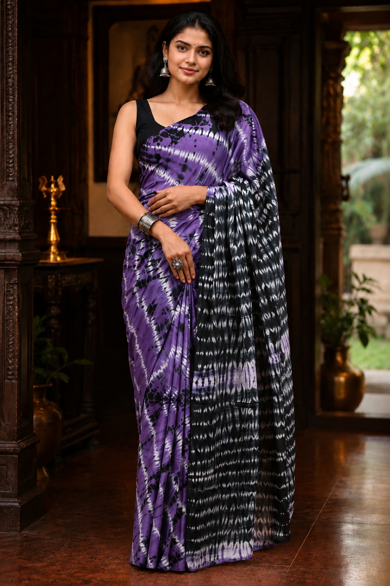 Shibori Tie-Dye Mulmul Cotton Saree – Purple and Black Dual-Tone Wave Print | Skin-Friendly Cotton Saree | KRISA Collections