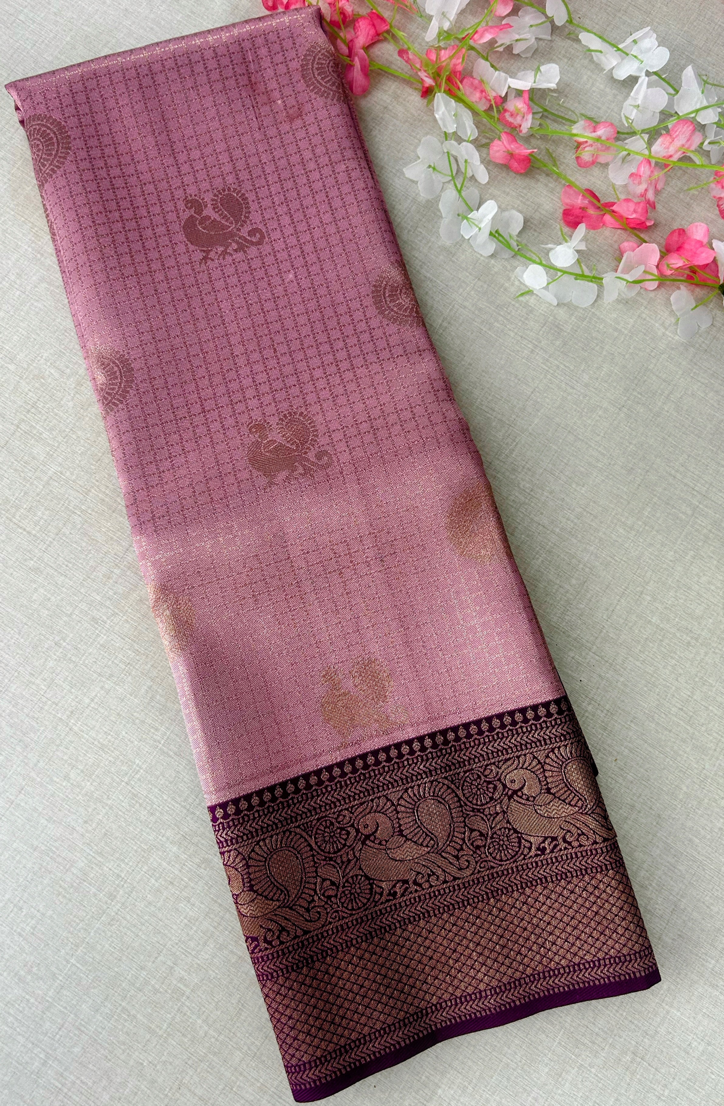 Premium Dusty Rose Pink Kanchipuram Silk Saree with Rich Maroon Peacock Zari Border | Elegant Budget-Friendly Traditional Saree | KRISA COLLECTIONS