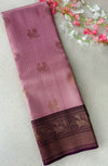 Premium Dusty Rose Pink Kanchipuram Silk Saree with Rich Maroon Peacock Zari Border | Elegant Budget-Friendly Traditional Saree | KRISA COLLECTIONS