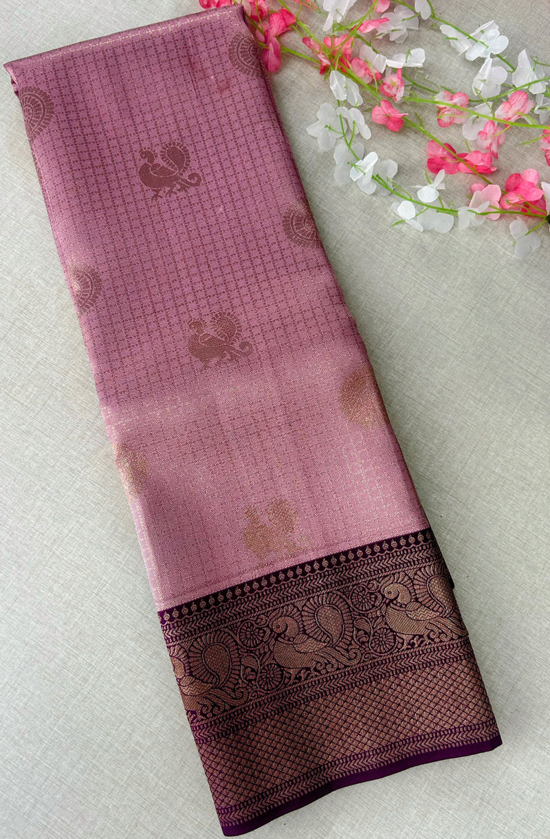 Premium Dusty Rose Pink Kanchipuram Silk Saree with Rich Maroon Peacock Zari Border | Elegant Budget-Friendly Traditional Saree | KRISA COLLECTIONS