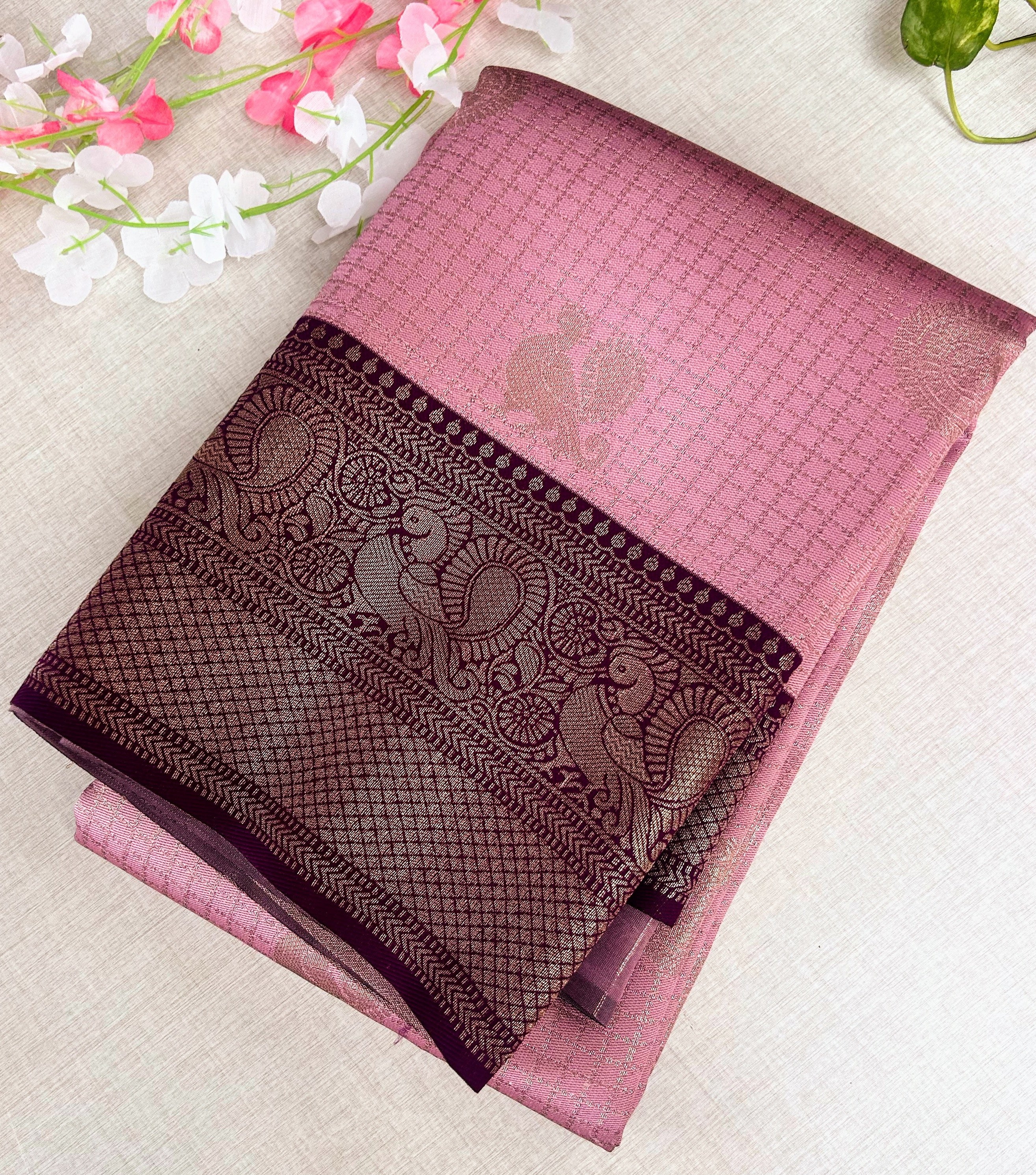 Premium Dusty Rose Pink Kanchipuram Silk Saree with Rich Maroon Peacock Zari Border | Elegant Budget-Friendly Traditional Saree | KRISA COLLECTIONS