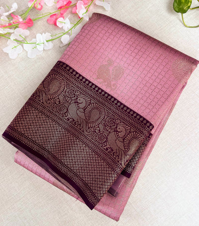 Premium Dusty Rose Pink Kanchipuram Silk Saree with Rich Maroon Peacock Zari Border | Elegant Budget-Friendly Traditional Saree | KRISA COLLECTIONS