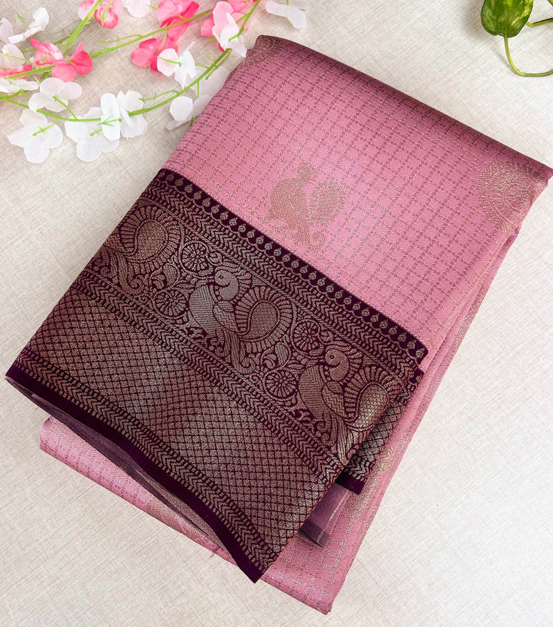Premium Dusty Rose Pink Kanchipuram Silk Saree with Rich Maroon Peacock Zari Border | Elegant Budget-Friendly Traditional Saree | KRISA COLLECTIONS