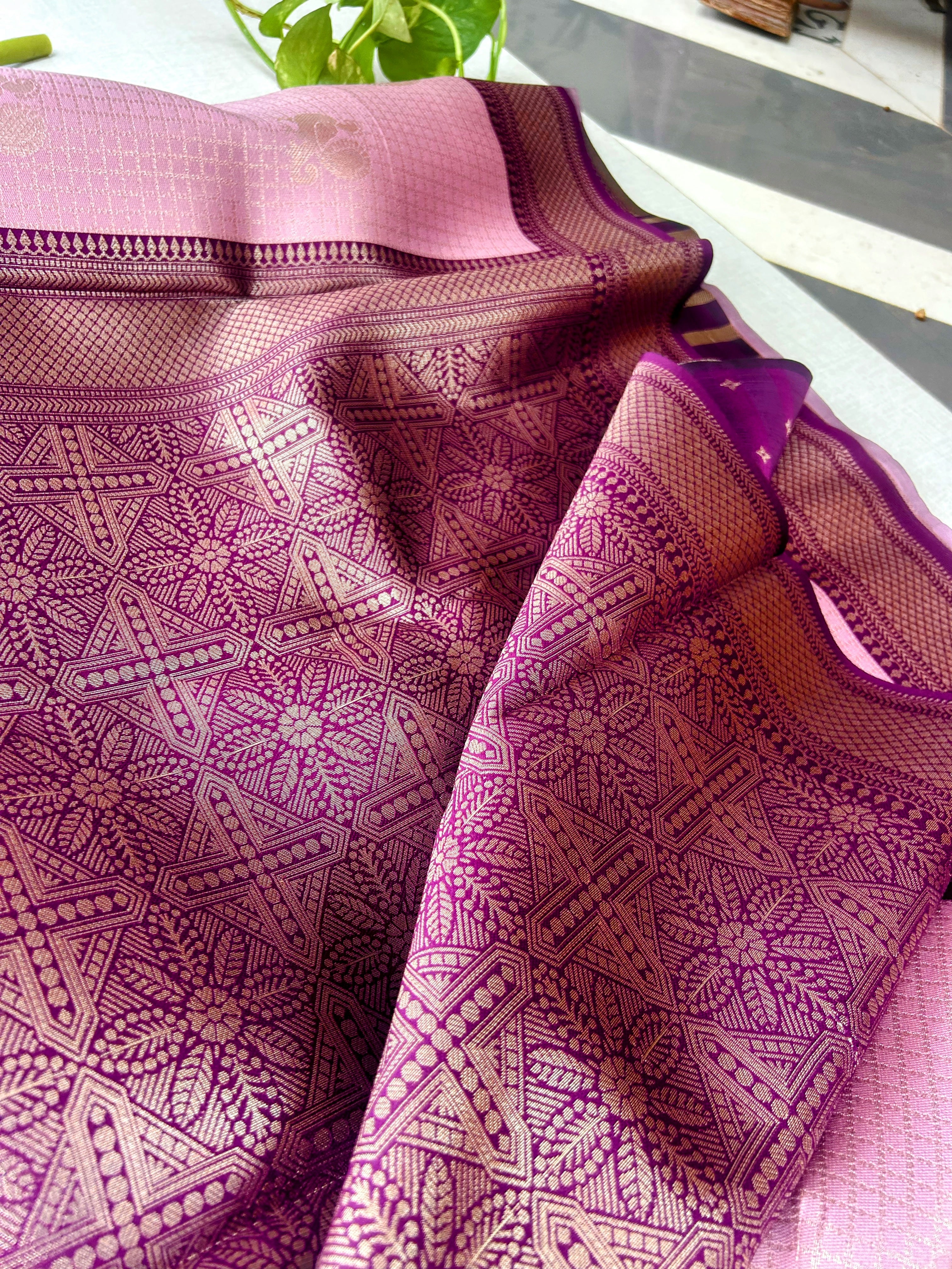 Premium Dusty Rose Pink Kanchipuram Silk Saree with Rich Maroon Peacock Zari Border | Elegant Budget-Friendly Traditional Saree | KRISA COLLECTIONS