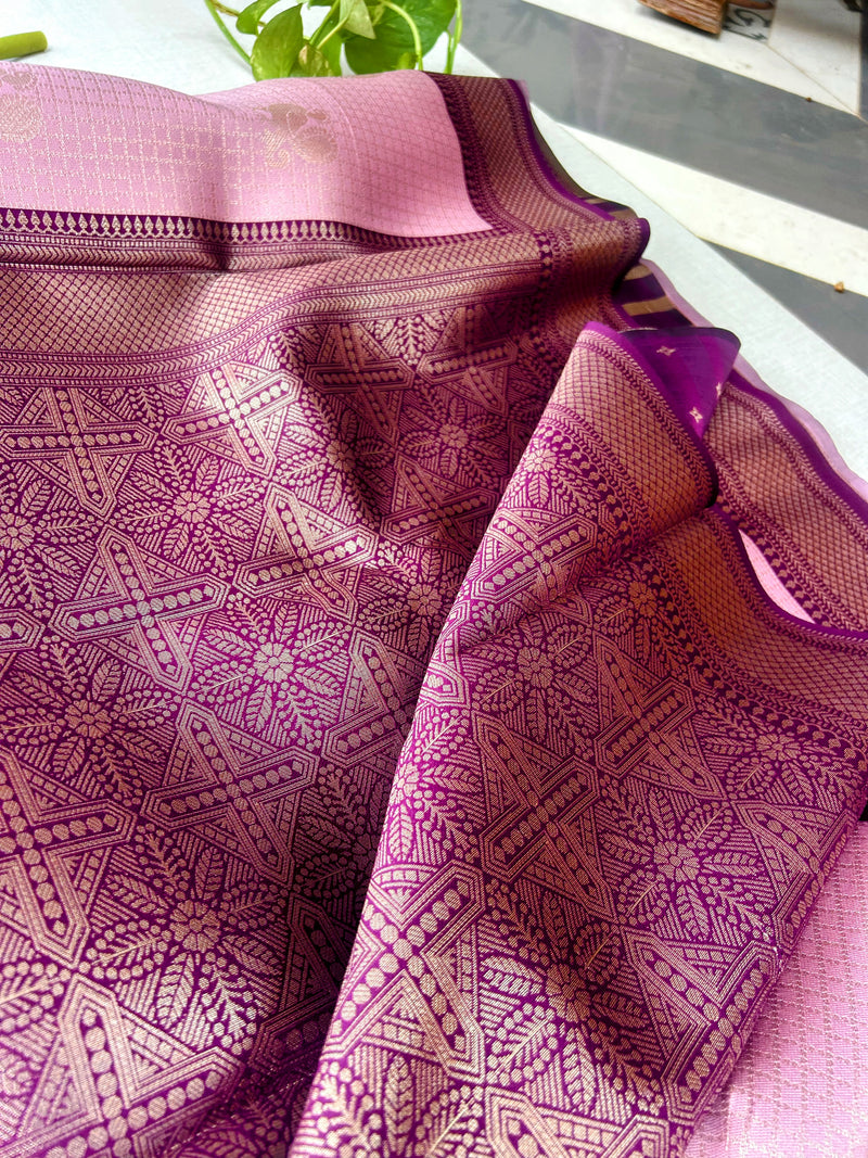Premium Dusty Rose Pink Kanchipuram Silk Saree with Rich Maroon Peacock Zari Border | Elegant Budget-Friendly Traditional Saree | KRISA COLLECTIONS