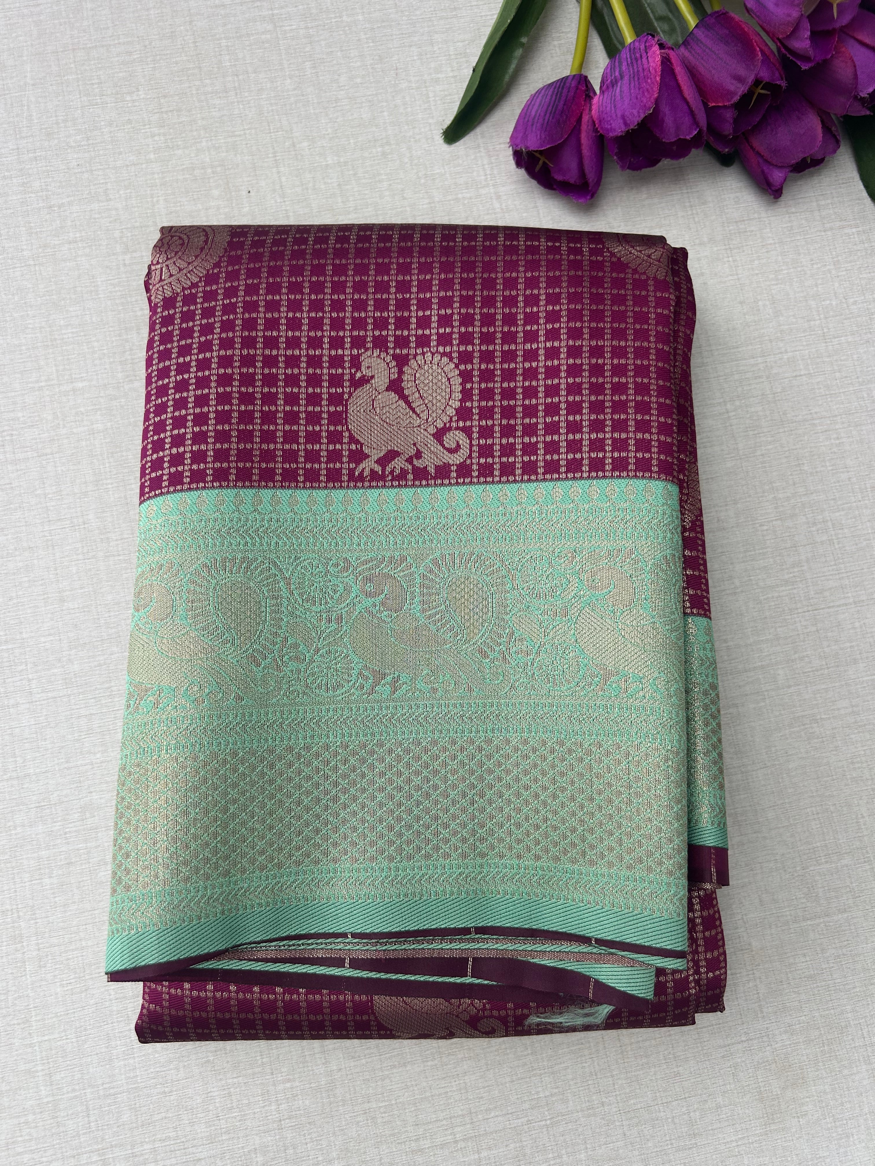 Rich wine-purple Kanchipuram silk saree features intricate gold zari checks|Krisa  |limited time offer
